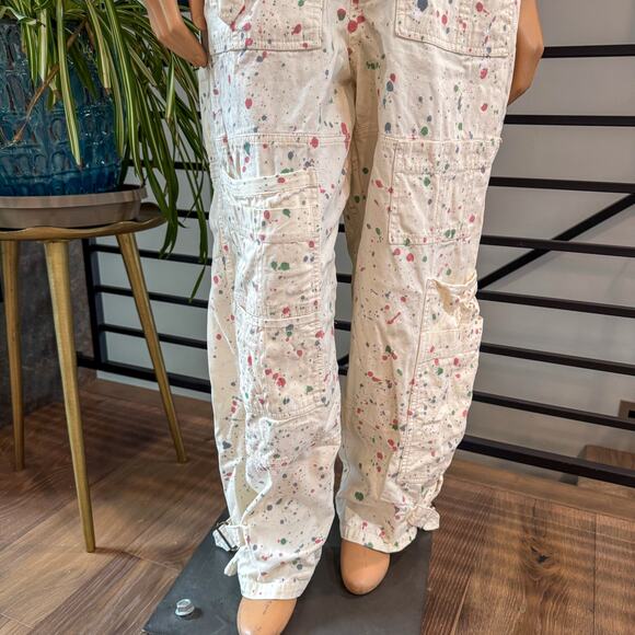 Free People Belted Painter Pants Ecru Utility Paint Splatter Slouchy Cargo SZ 6 - Picture 4 of 14